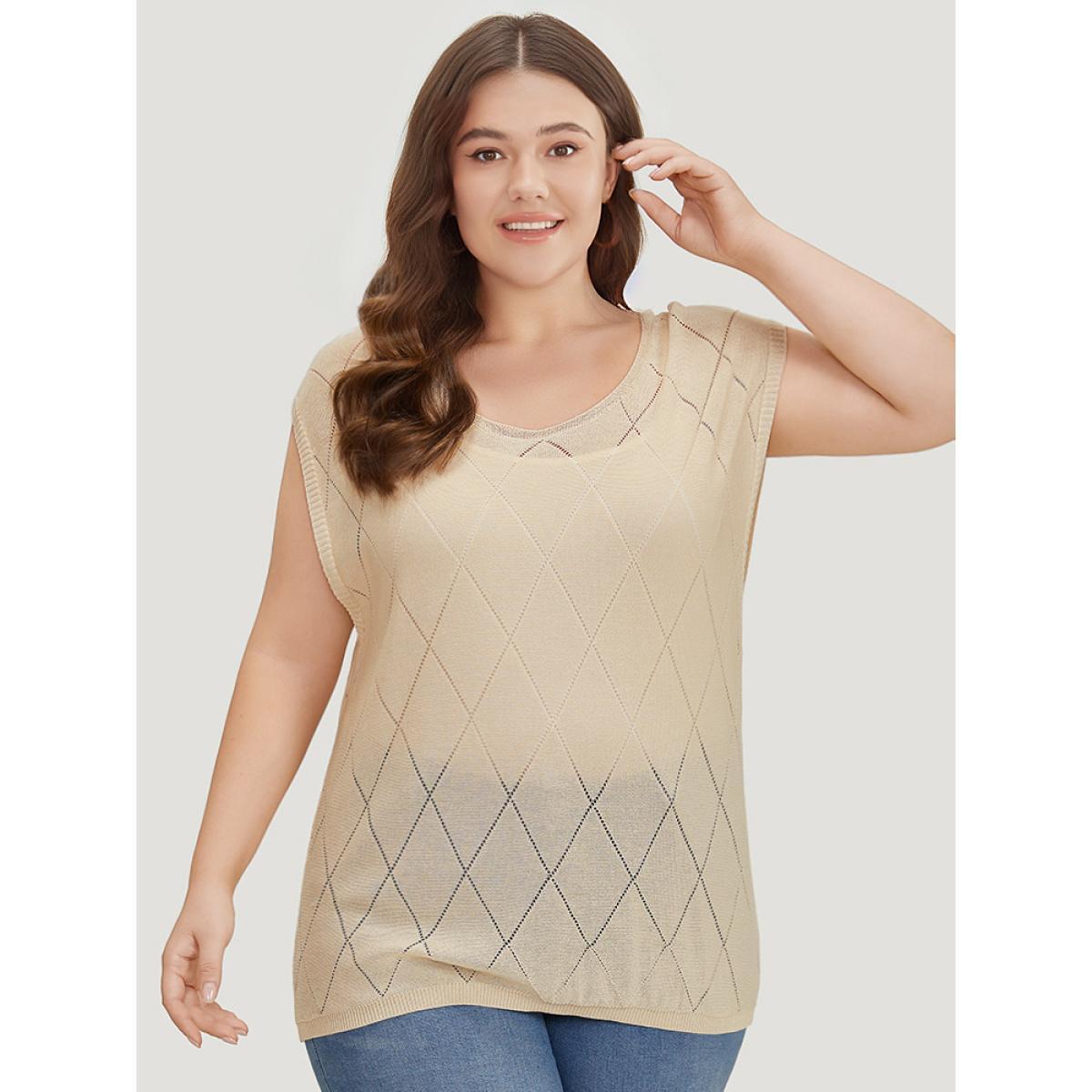 Plus Size Lightweight Argyle Eyelet Batwing Sleeve Pullover Apricot Women Casual Short sleeve Round Neck Everyday Pullovers BloomChic 10/M Product Image
