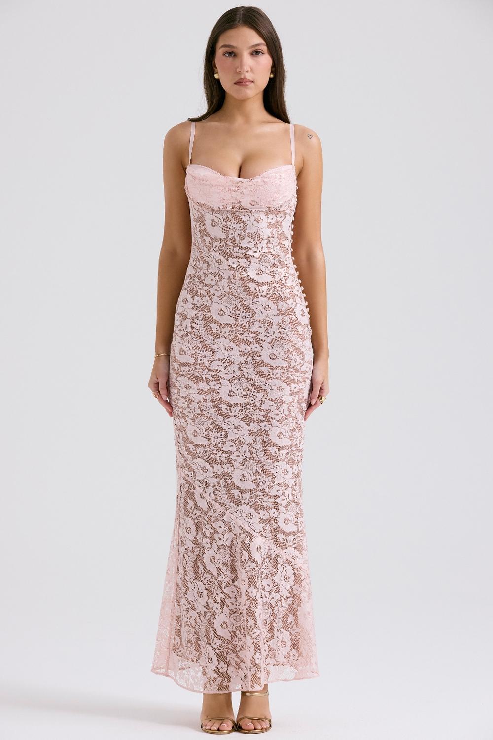 Azzurra Rose Pink Lace Godet Gown Product Image
