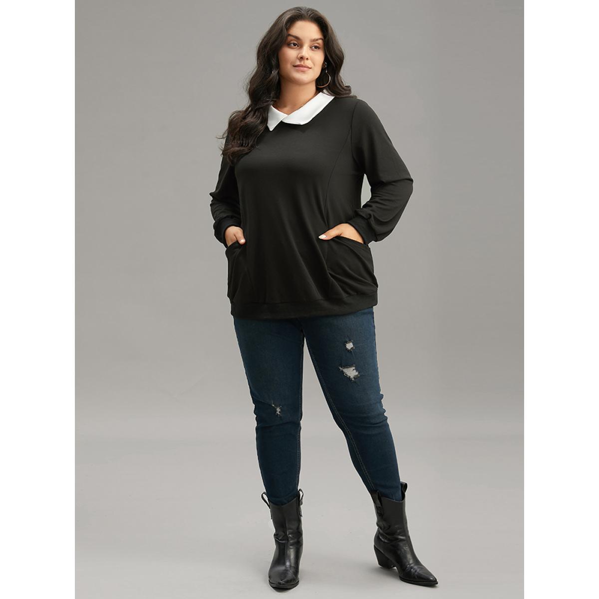 Plus Size Halloween Contrast Shirt Collar Patched Pocket Sweatshirt Women Black Casual Contrast Shirt collar Festival-Halloween Sweatshirts BloomChic 12/L Product Image