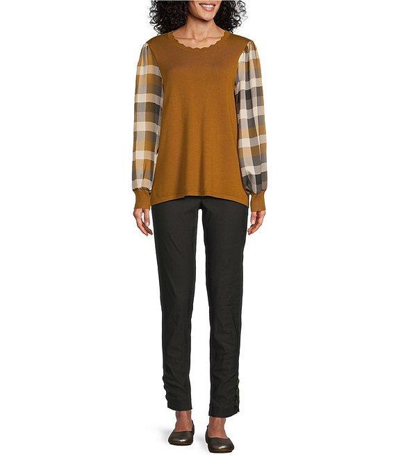 Multiples Mixed-Media Scalloped Neck Long Plaid Sleeve Fitted Sweater Product Image