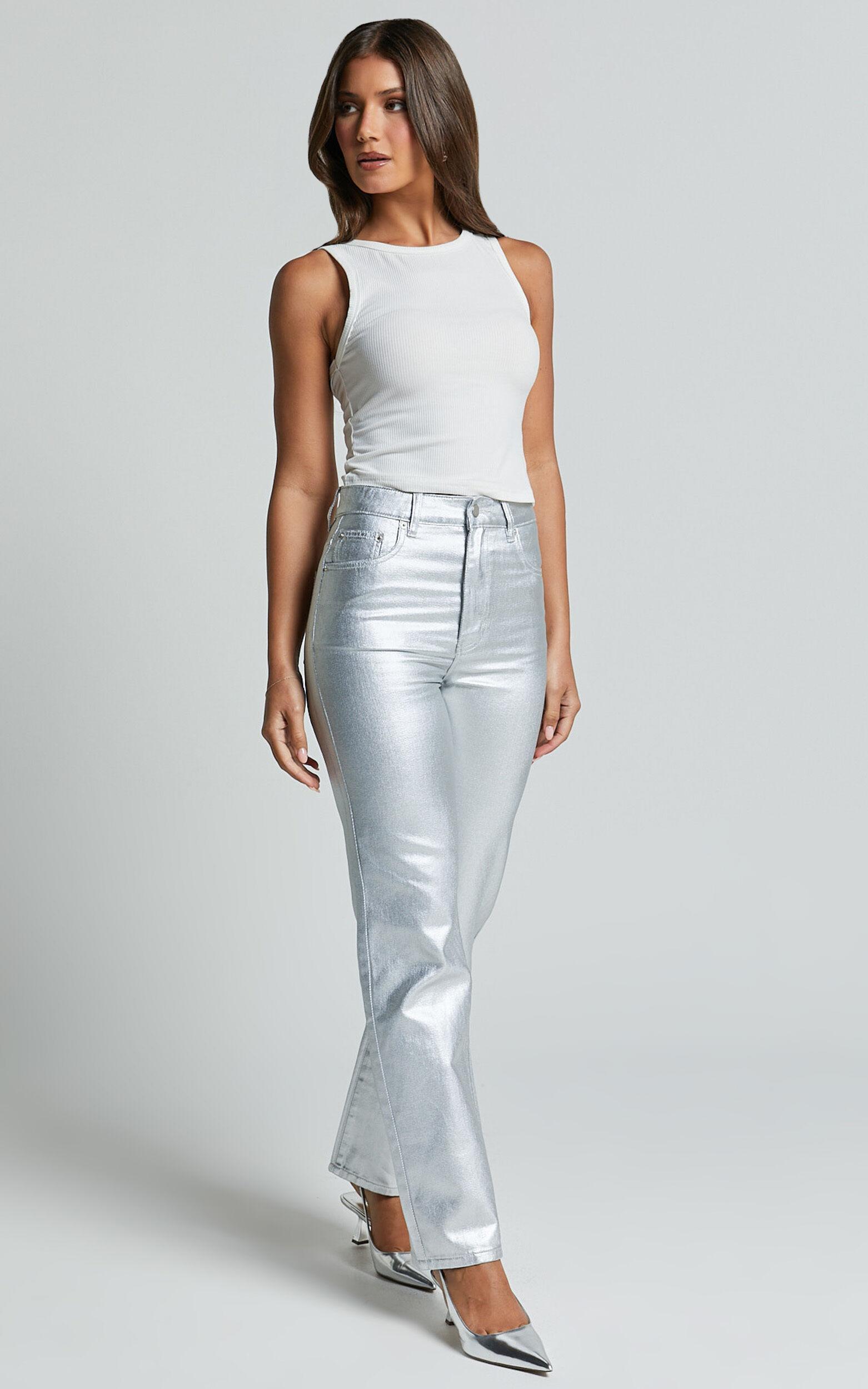 Addison Jeans - High Waisted Metallic Jeans in Silver Product Image