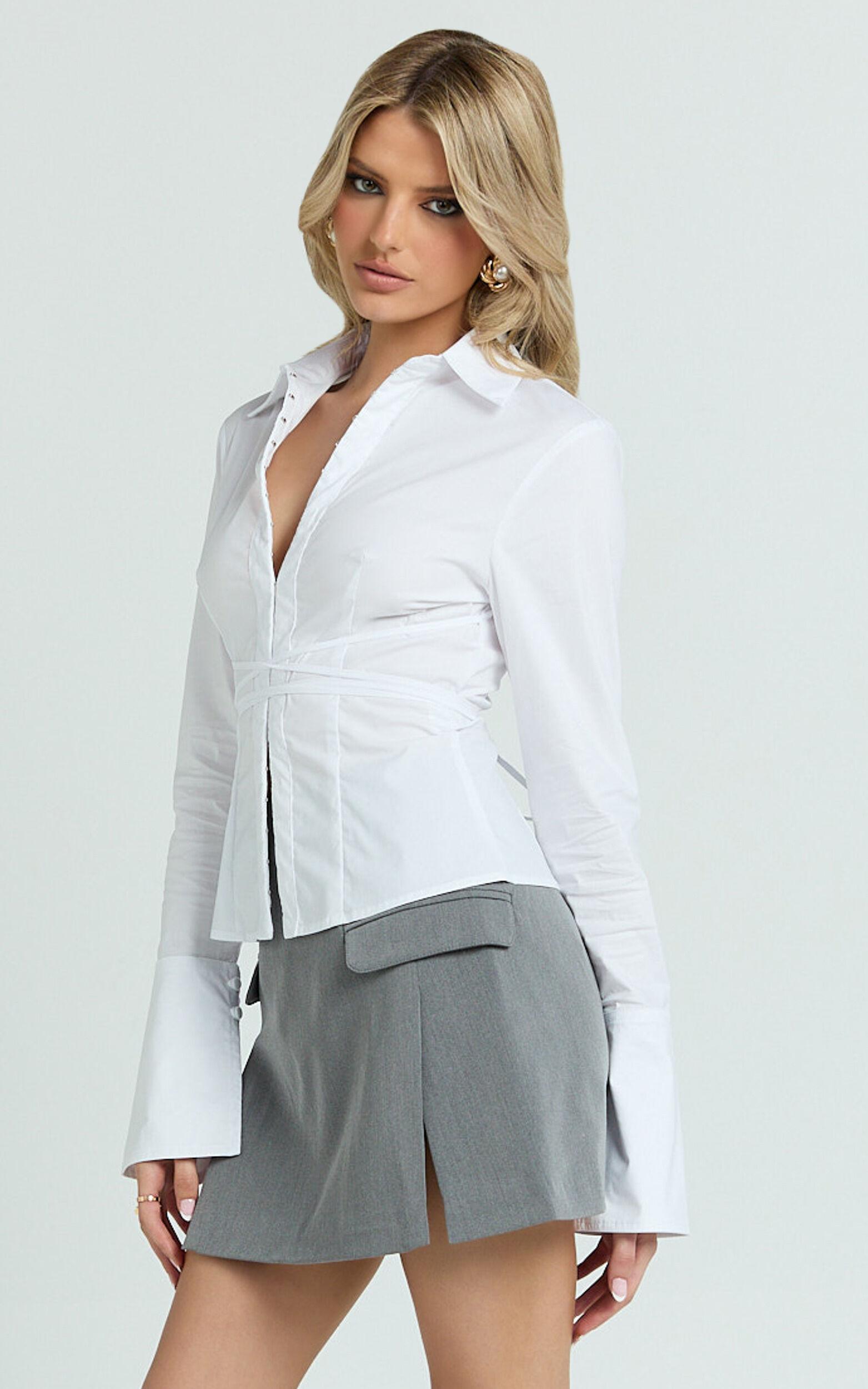 Katherine Top - Collared Plunge Flared Sleeve Top in White Product Image