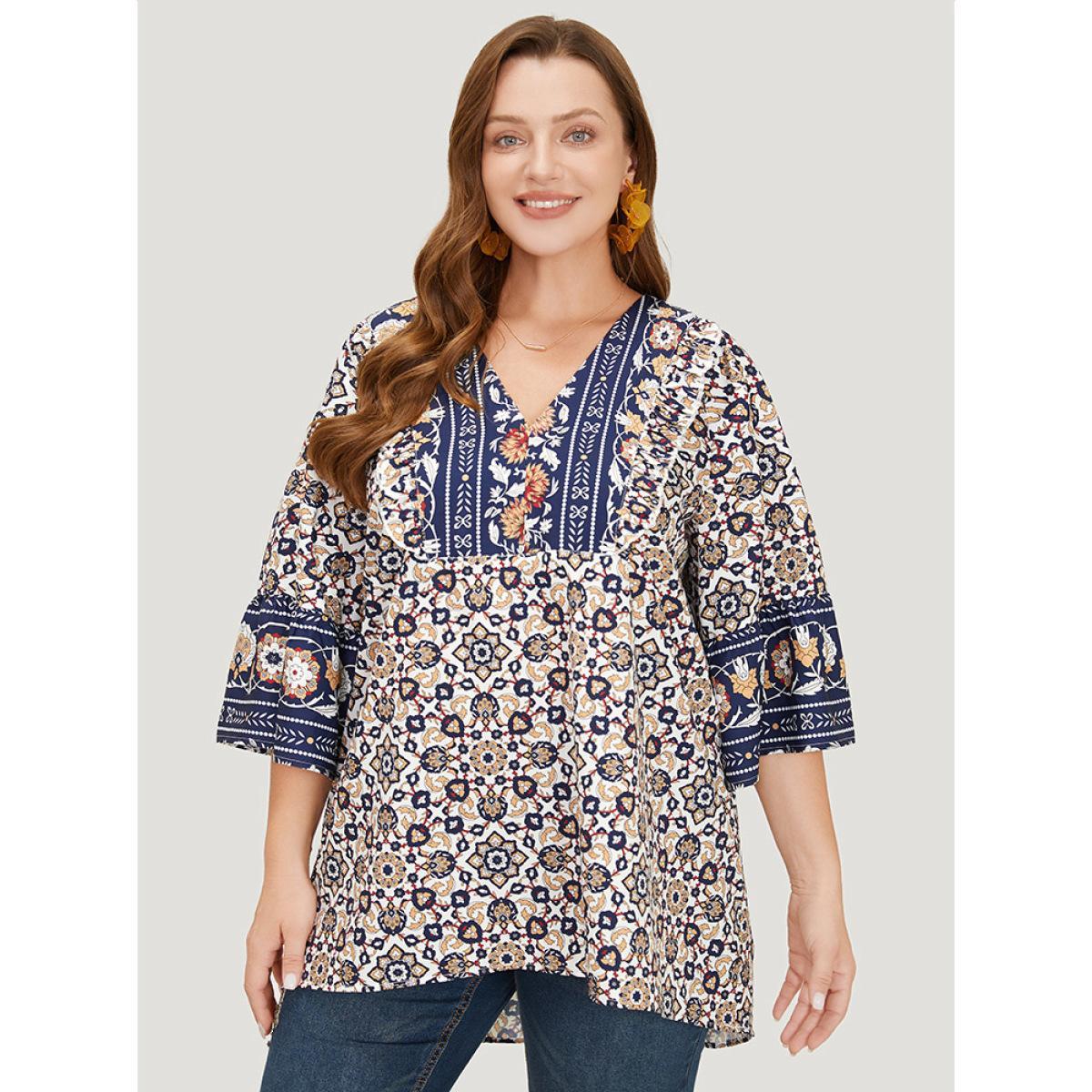 Plus Size Indigo Bandana High Low Hem Bell Sleeve Blouse Women Vacation Elbow-length sleeve V-neck Dailywear Blouses BloomChic 28/5X Product Image