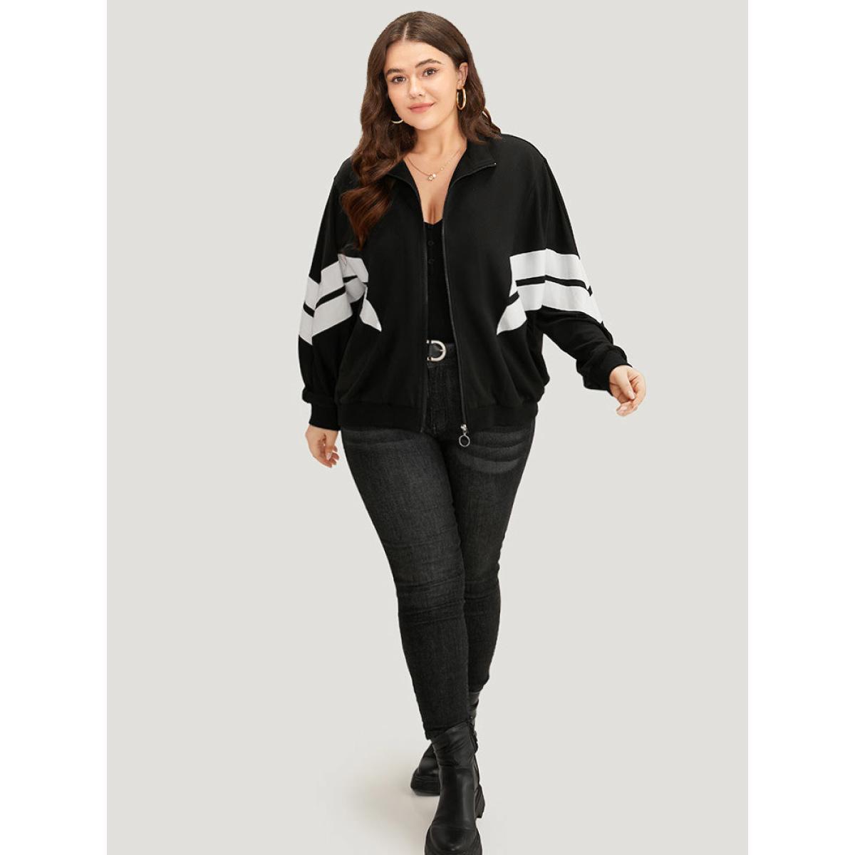 Plus Size Striped Geometric Mock Neck Zipper Jacket Women Black Contrast Everyday Jackets BloomChic 22-24/3X Product Image