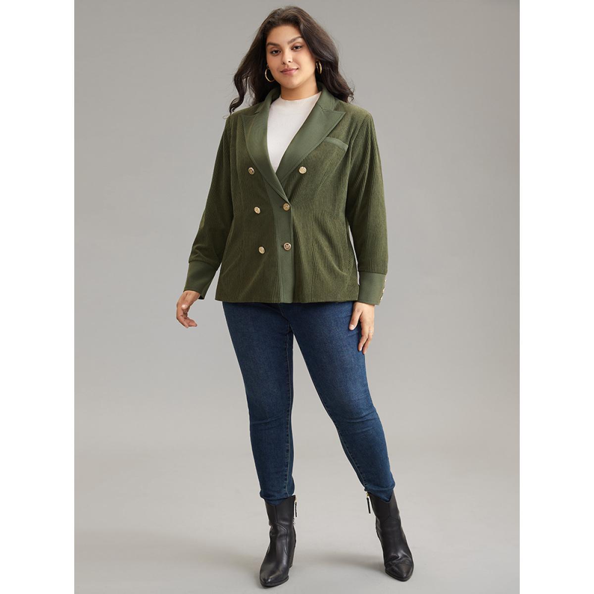 Plus Size Corduroy Patchwork Suit Collar Metal Detail Blazer ArmyGreen Women Dailywear Plain Texture Sleeve Long Sleeve Suit Collar 12/L Pocket Casual Blazers BloomChic Product Image