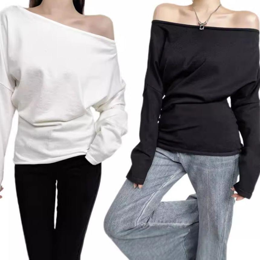 Long Sleeve Off Shoulder Plain T-Shirt Product Image
