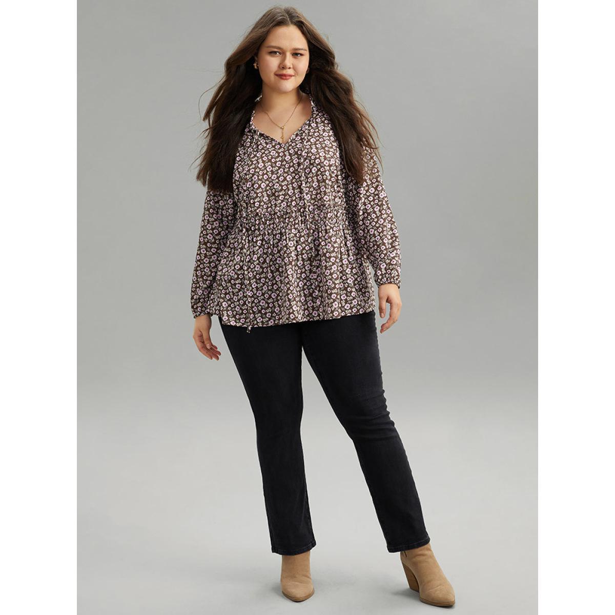Plus Size DarkBrown Ditsy Floral Knot Neck Gathered Blouse Women Elegant Long Sleeve Tie Neck Dailywear Blouses BloomChic 12/L Product Image