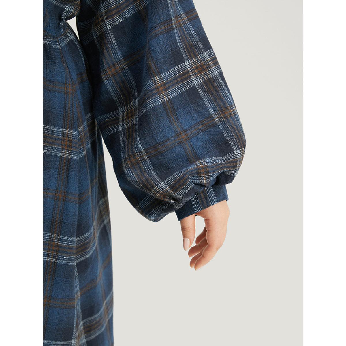 Plus Size Plaid Notched Button Up Lantern Sleeve Dress Aegean Women Casual Elastic cuffs Notched collar Long Sleeve Curvy Midi Dress BloomChic 18-20/2X Product Image