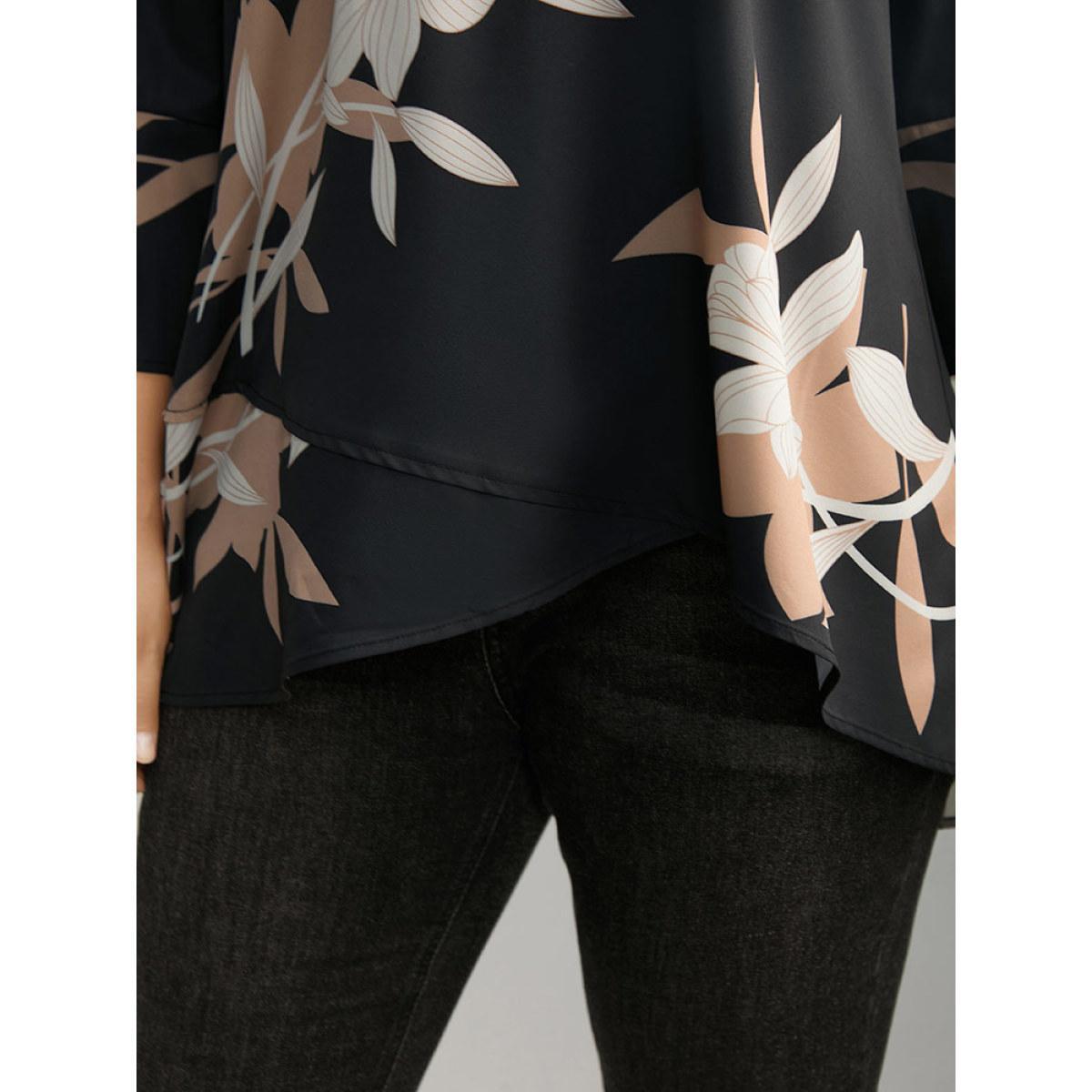 Plus Size Black Floral Print Bell Sleeve Asymmetrical Hem Blouse Women Elegant Elbow-length sleeve V-neck Dailywear Blouses BloomChic 12/L Product Image