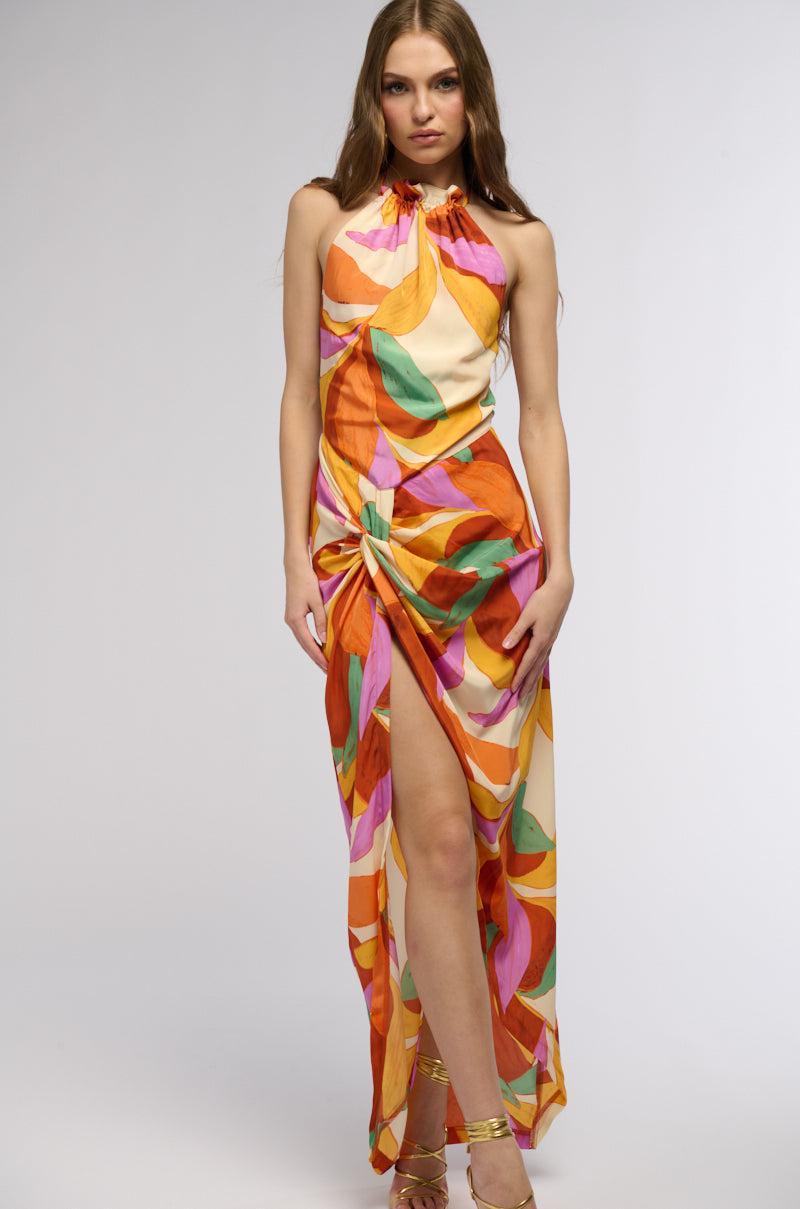 BOTANICAL BEAUTY PRINTED MIDI DRESS IN ORANGE MULTI Product Image