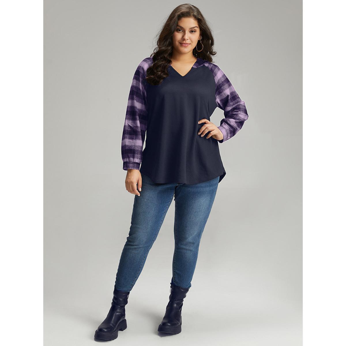 Plus Size Plaid Print Hooded Patchwork Sweatshirt Women Indigo Casual Patchwork Hooded Everyday Sweatshirts BloomChic 28/5X Product Image