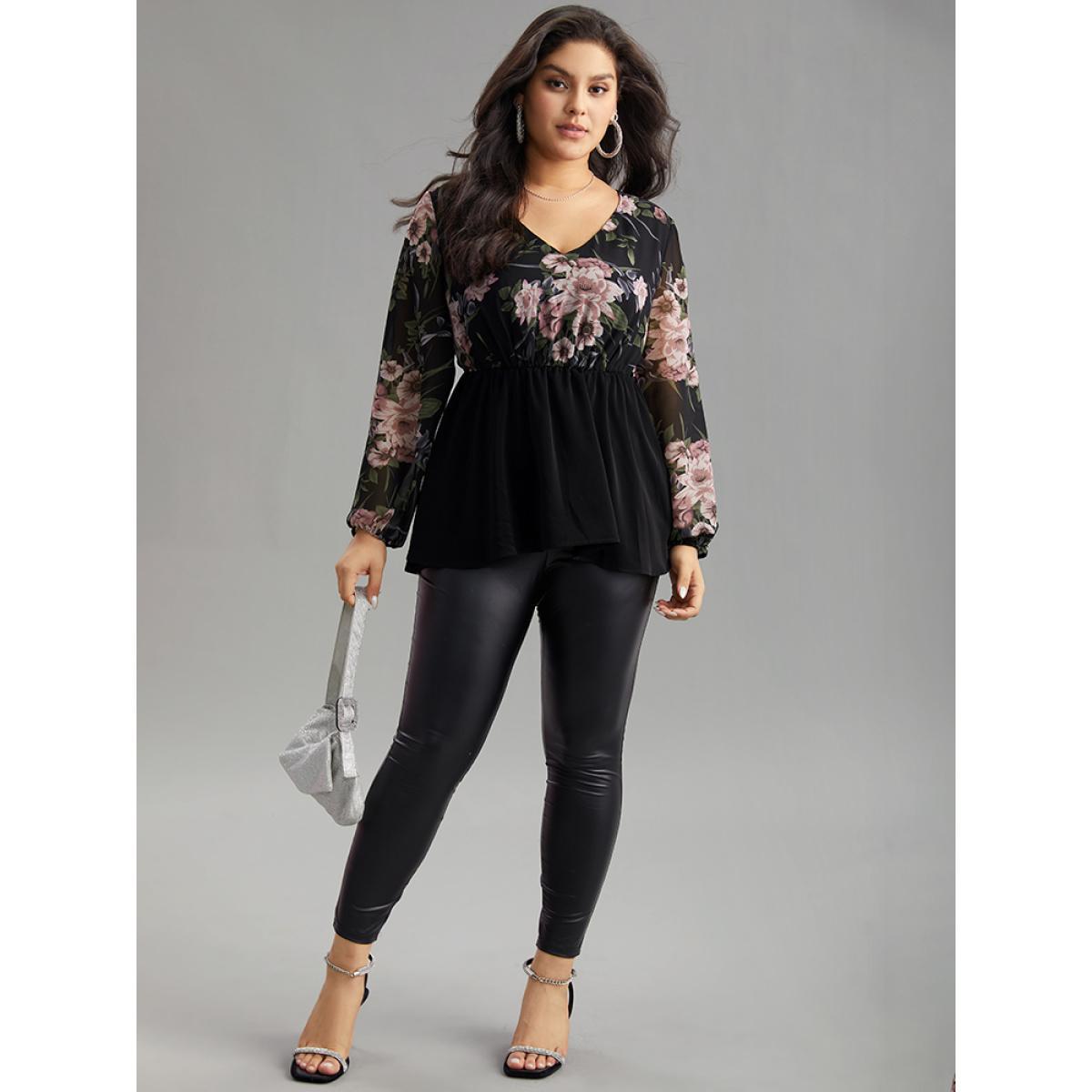 Plus Size Black Floral Print Patchwork Elastic Waist Lantern Sleeve Blouse Women Elegant Long Sleeve V-neck Going out Blouses BloomChic 10/M Product Image