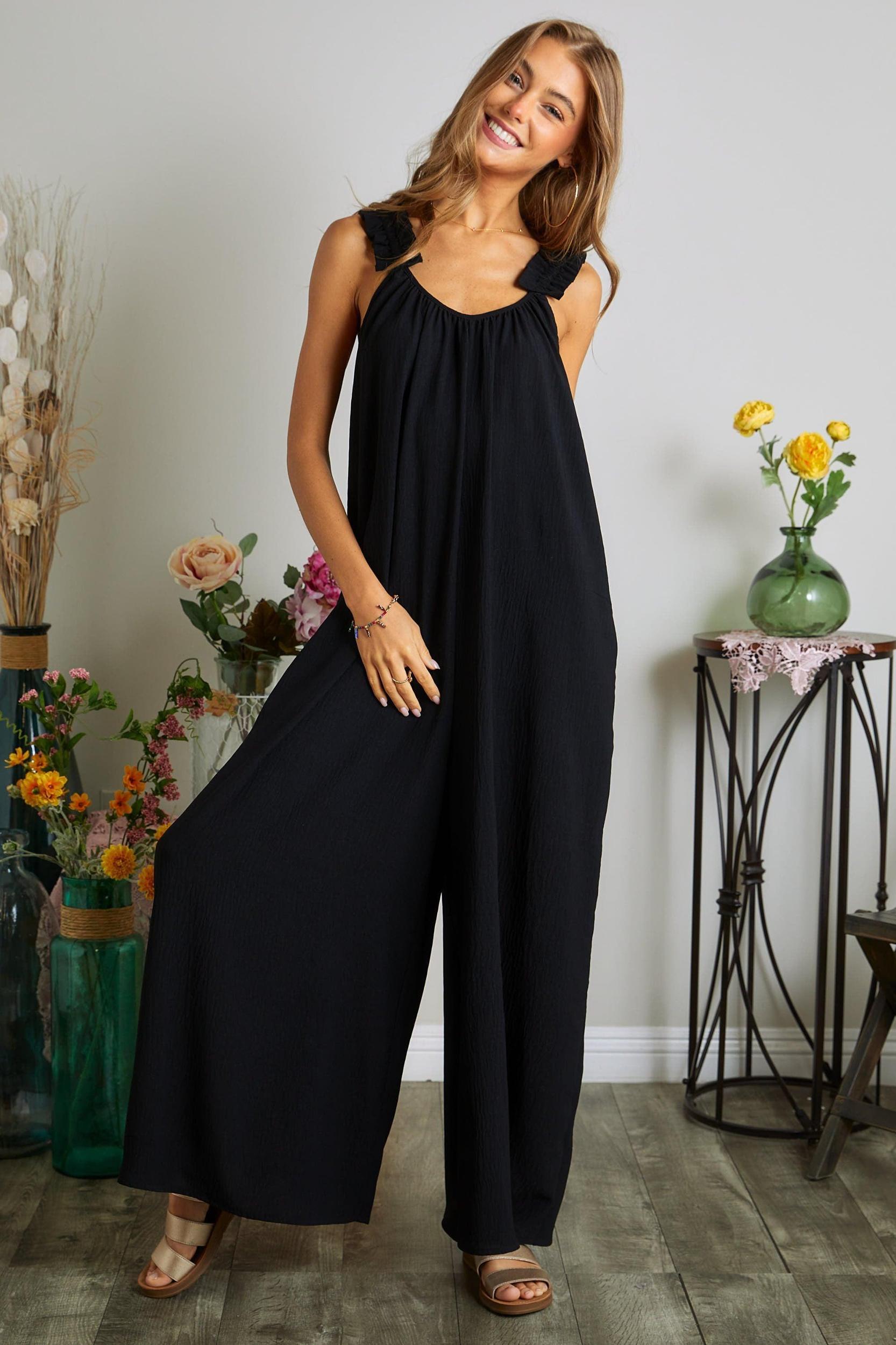 ELASTIC RUFFLE SHOULDER JUMPSUIT Product Image