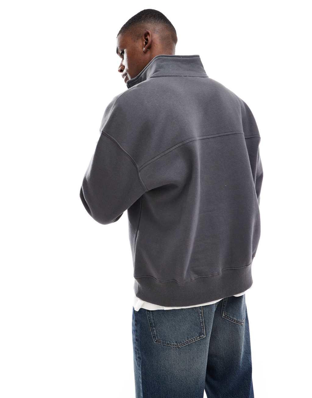 Pull&Bear 1/4 zip sweatshirt in charcoal  Product Image