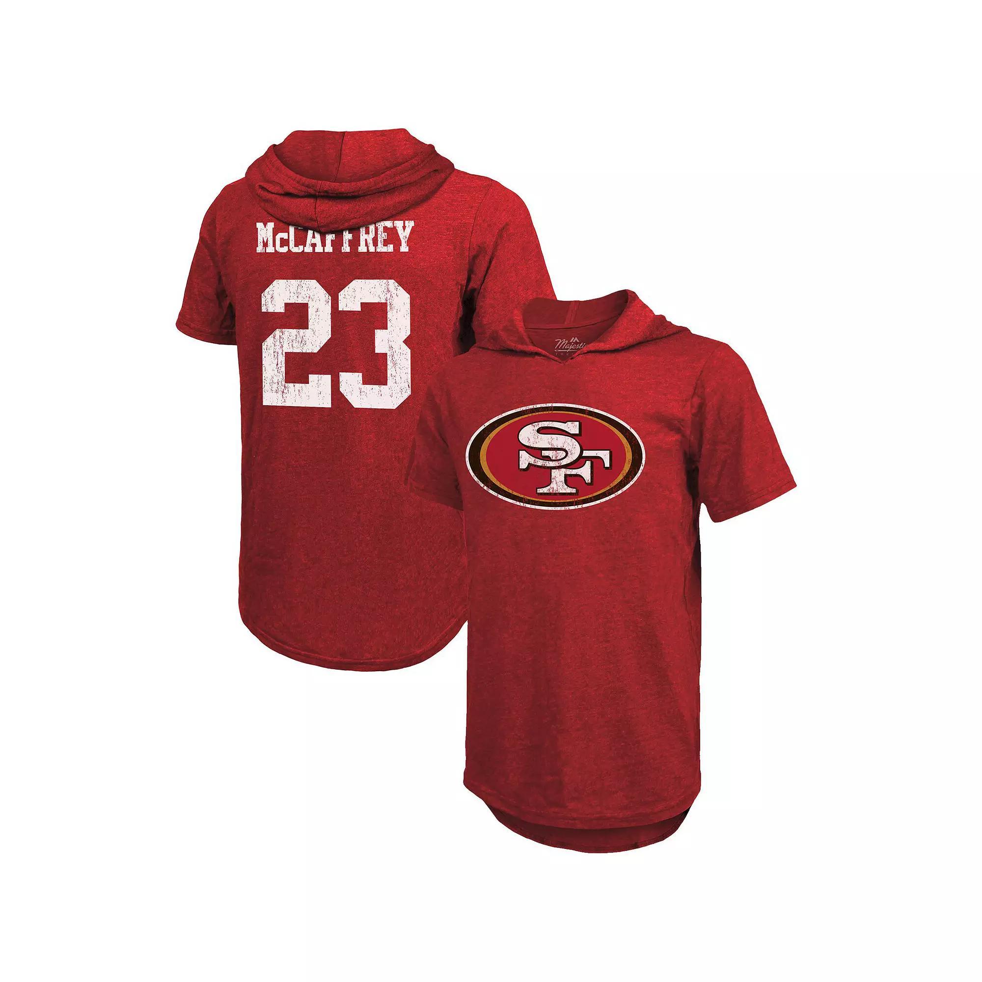 Men's Majestic Threads Christian McCaffrey Scarlet San Francisco 49ers Player Name & Number Tri-Blend Short Sleeve Hoodie T-Shirt, Size: 2XL, Red Product Image