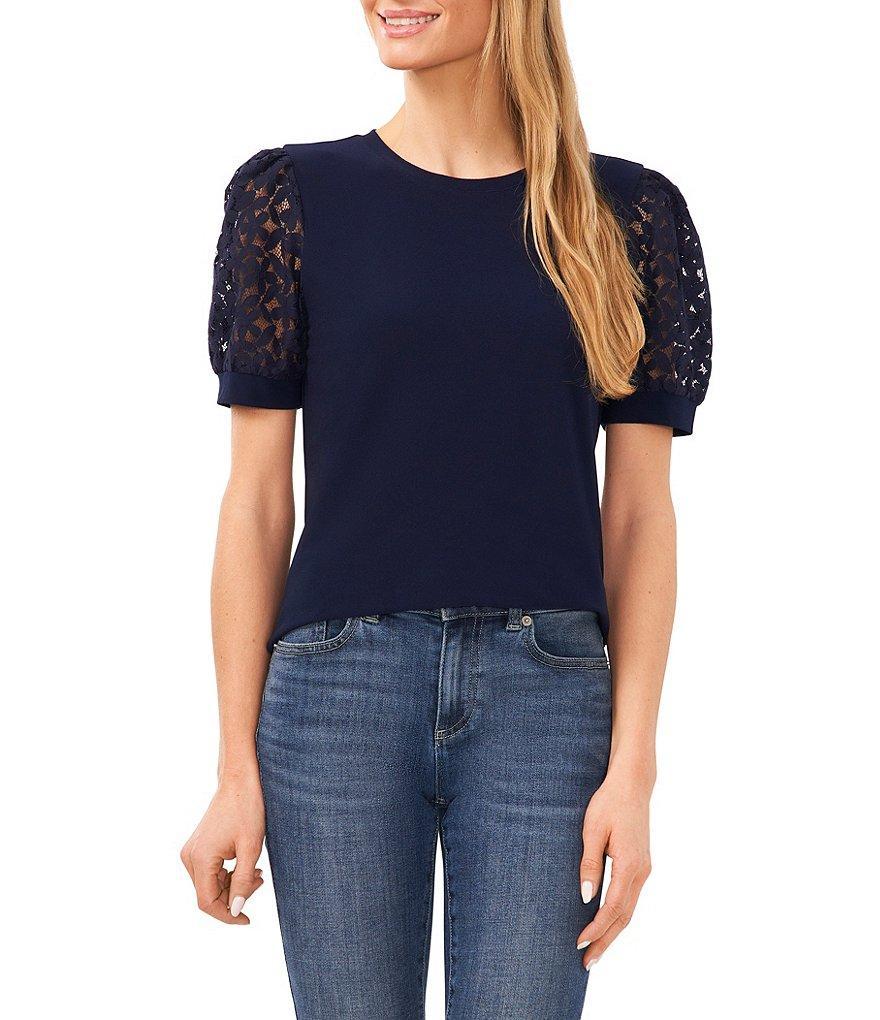 CeCe Lace Puff Short Sleeve Crew Neck Blouse Product Image