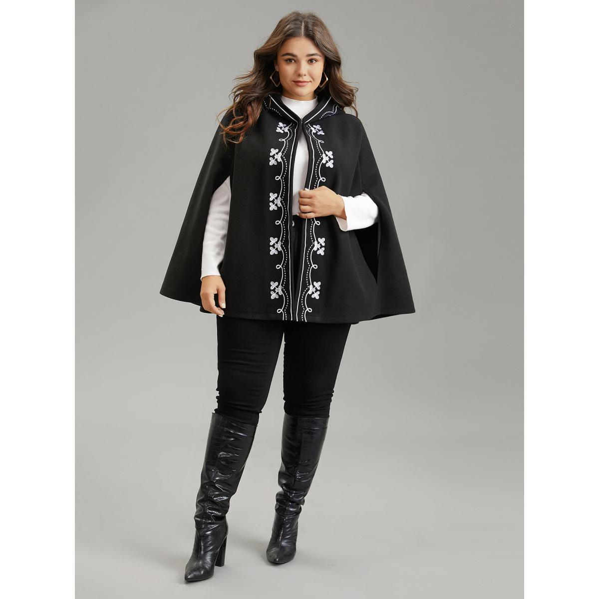 Plus Size Floral Embroidered Hooded Cape Kimono Women Black Casual Lined Loose Dailywear Kimonos BloomChic 10/M Product Image