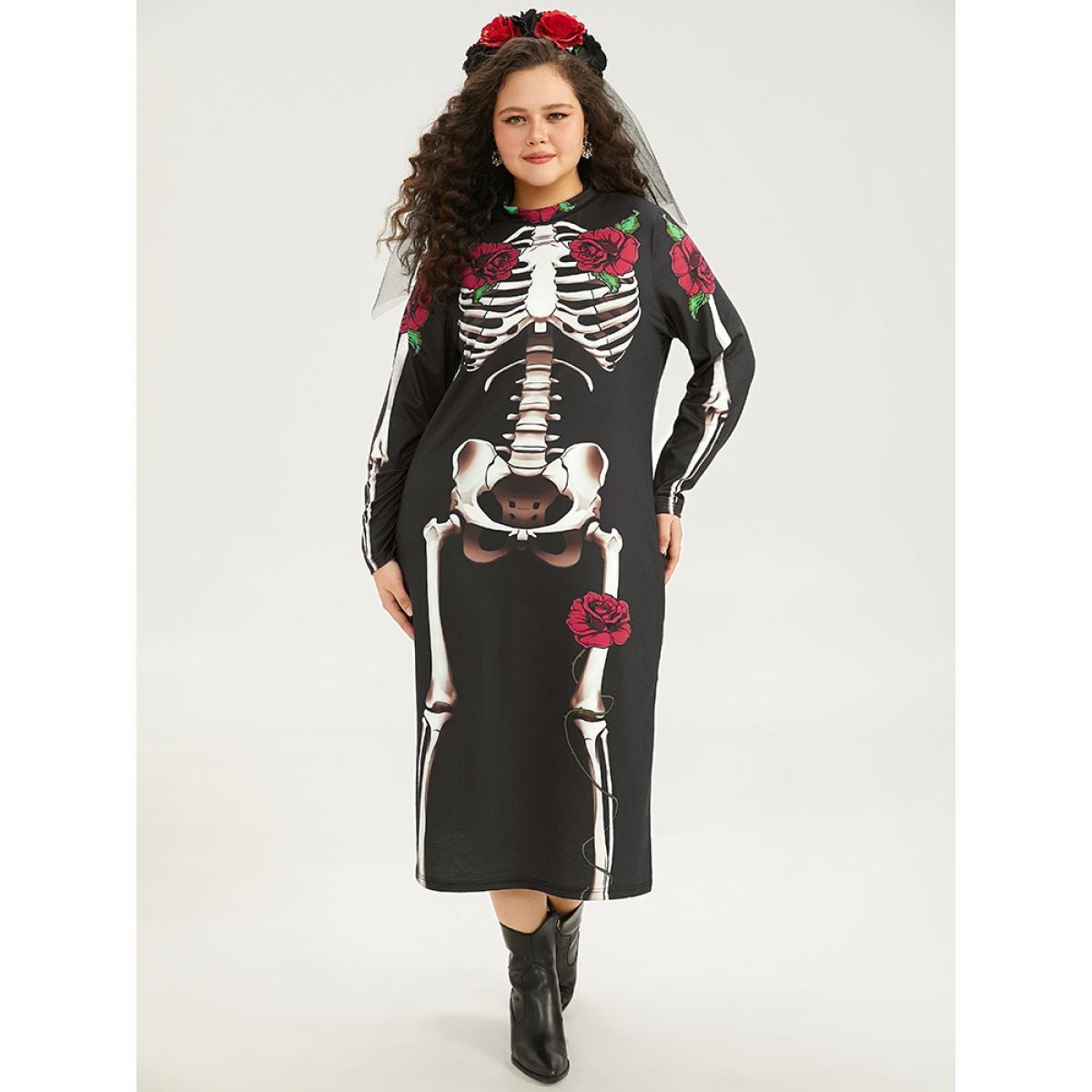 Plus Size Halloween Mock Neck Skull Print Split Hem Dress Black Women Casual Printed Mock Neck Long Sleeve Curvy Midi Dress BloomChic 30/6X Product Image