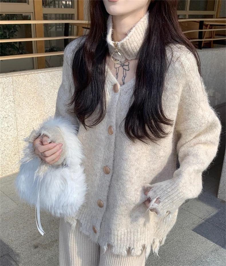 Set: V-Neck Plain Distressed Button-Up Cardigan + Choker Product Image