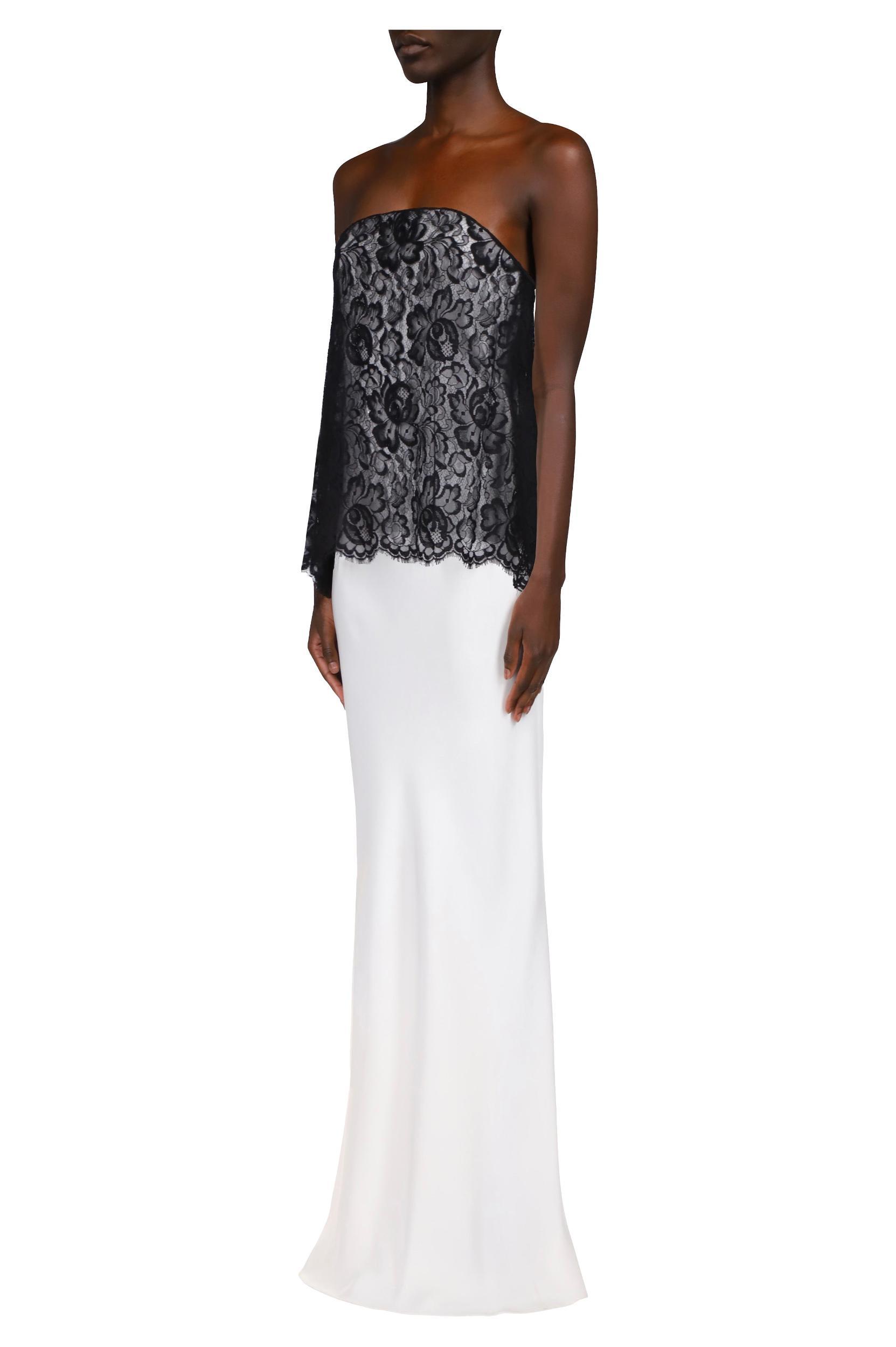 White Silk Crepe Strapless Bias Gown With Black Lace Overlay Product Image