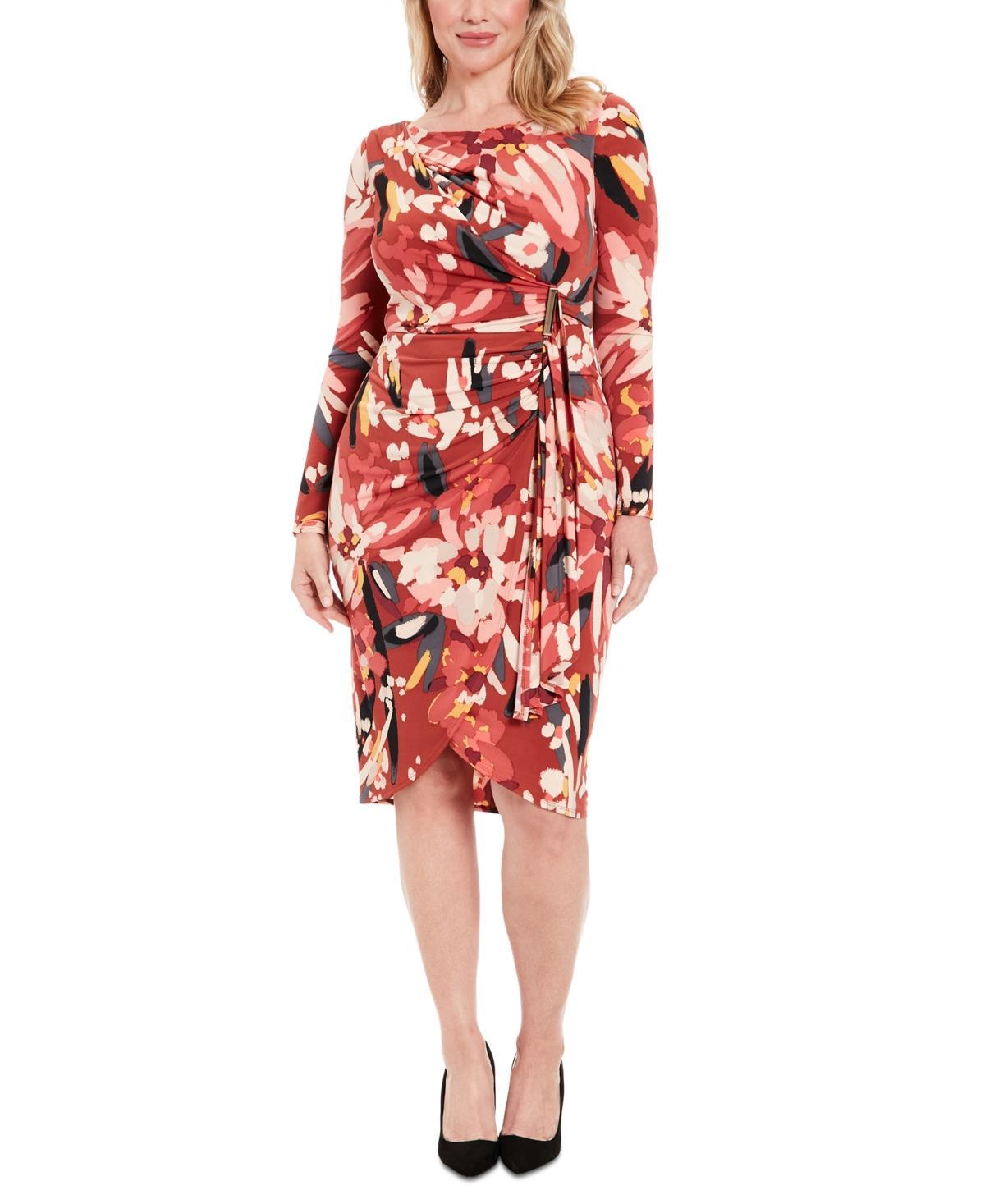 London Times Womens Printed Hardware-Trim Draped Dress Product Image