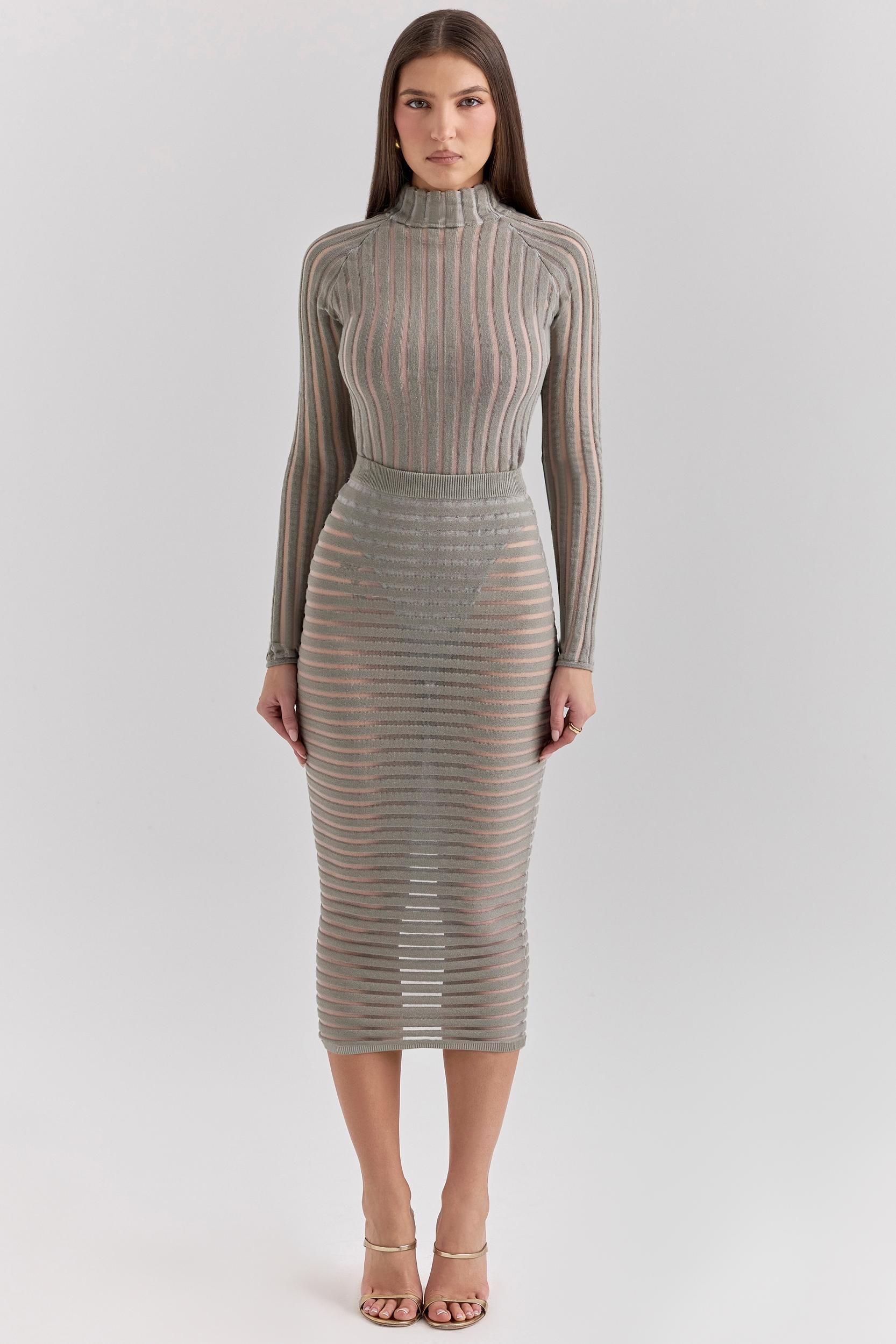 Margo  grey velour sheer striped midi skirt Product Image