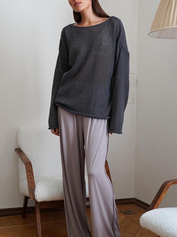 Long Sleeves Loose See-Through Solid Color Split-Joint Round-Neck Sweater Tops Product Image