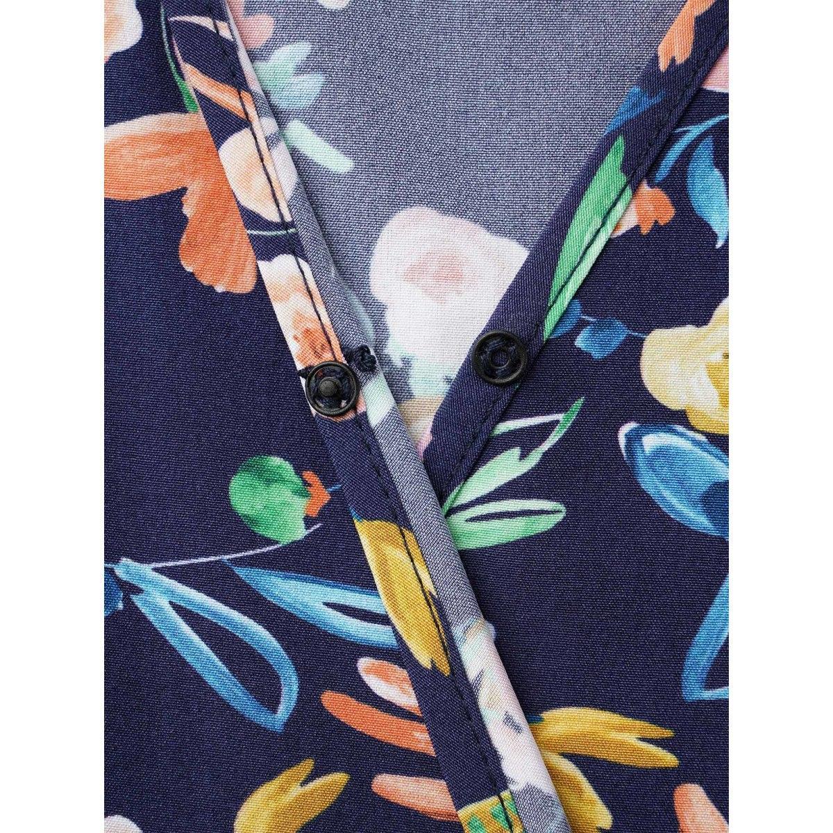 Plus Size Surplice Neck Floral Print Pocket Dress DarkBlue Women Elegant Non Overlap Collar Elbow-length sleeve Curvy BloomChic 12/L Product Image