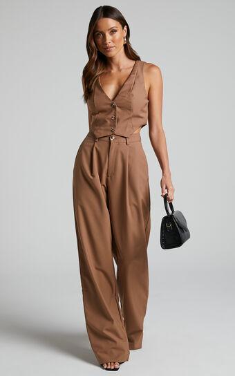 Izara Trousers - Mid Rise Relaxed Straight Leg Tailored Trousers in Mocha Product Image