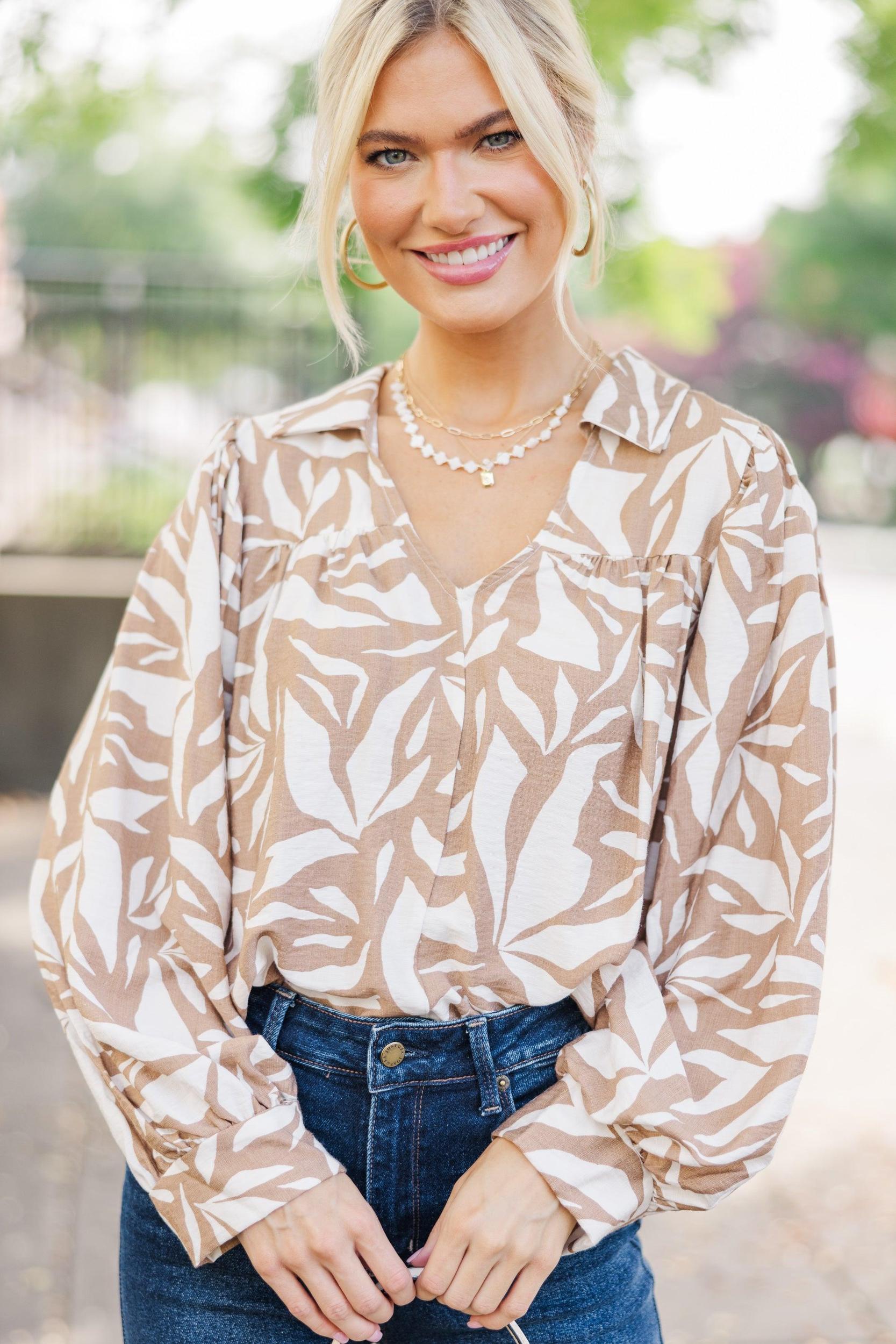 Never Alone Taupe Abstract Blouse Female Product Image