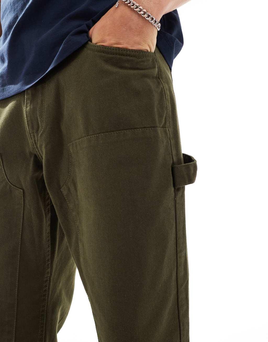 Another Influence relaxed straight leg carpenter pants in dark green Product Image