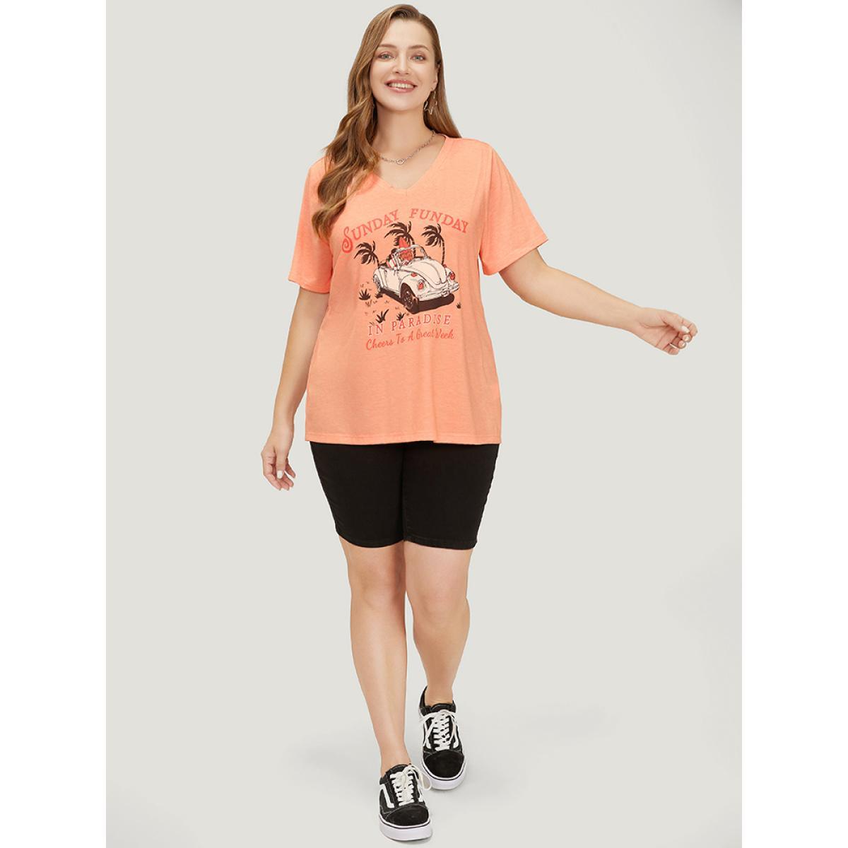 Plus Size Car & Letter Print V Neck Drop Shoulder T-shirt Coral Women Casual Tropical Dailywear T-shirts BloomChic 18-20/2X Product Image