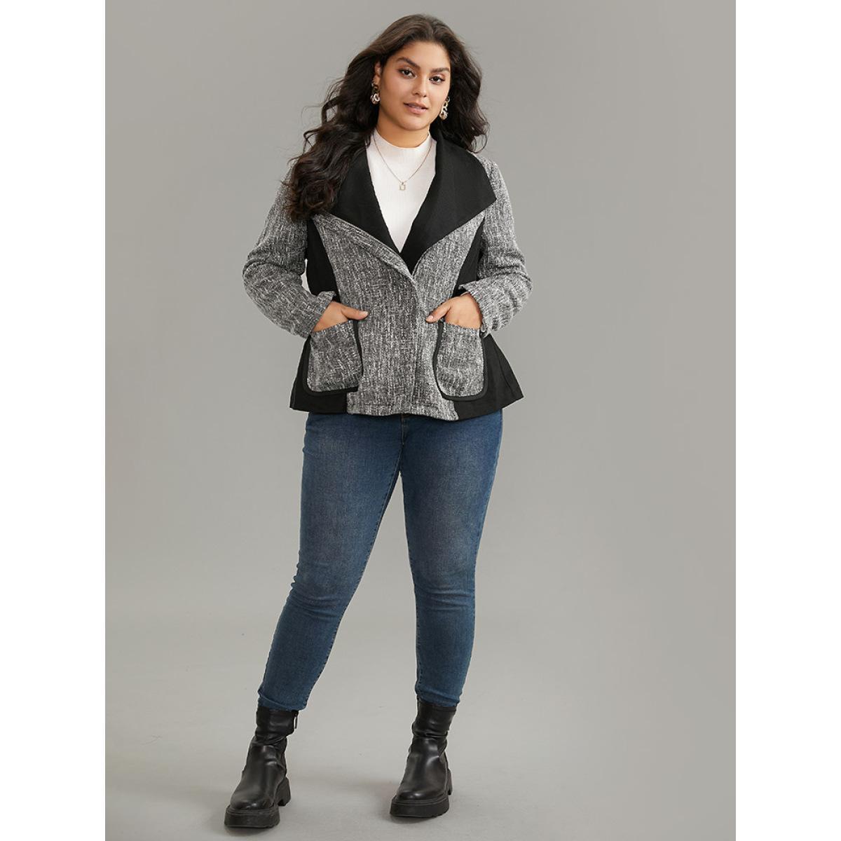 Plus Size Contrast Patchwork Zipper Lapel Collar Tweed Coat Women DimGray Casual Lined Ladies Dailywear Winter Coats BloomChic 18-20/2X Product Image