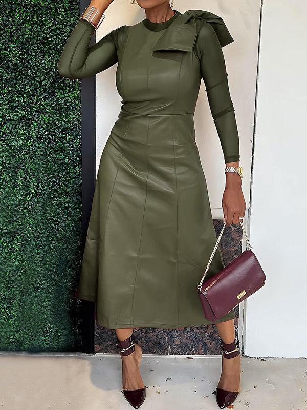 Long Sleeves Solid Color Split-Joint Round-Neck Inner Shirts + A-Line Bowknot Midi Dresses Two Pieces Set Product Image