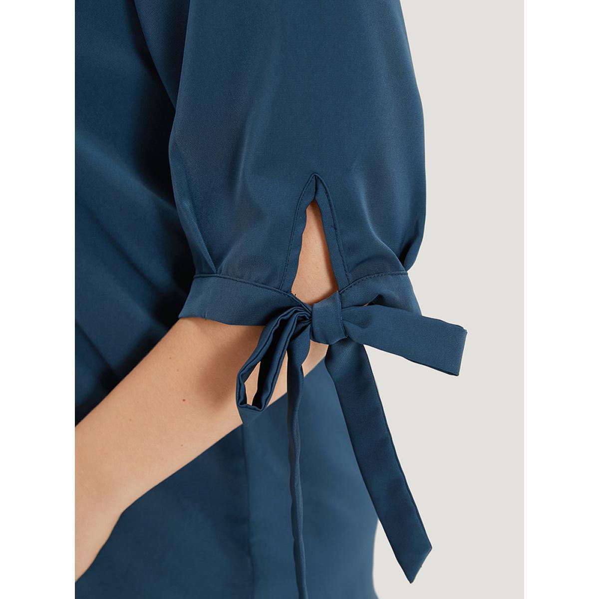 Plus Size Indigo Anti-Wrinkle Plain Button Up Knot V Neck Pocket Blouse Women Office Half Sleeve V-neck Dailywear Blouses BloomChic 26/4X Product Image