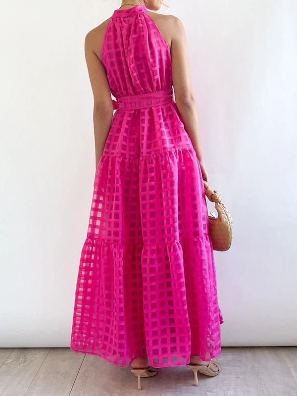 Loose Sleeveless Plaid Ribbed Stand Collar Maxi Dresses Product Image