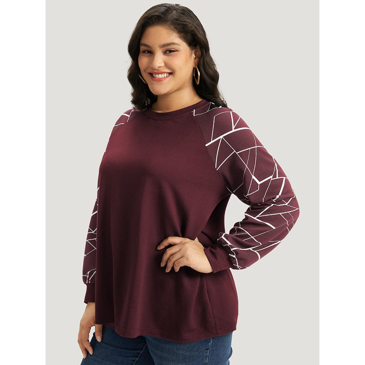 Plus Size Geometric Round Neck Raglan Sleeve Sweatshirt Women Burgundy Casual Elastic cuffs Round Neck Dailywear Sweatshirts BloomChic 14-16/1X Product Image