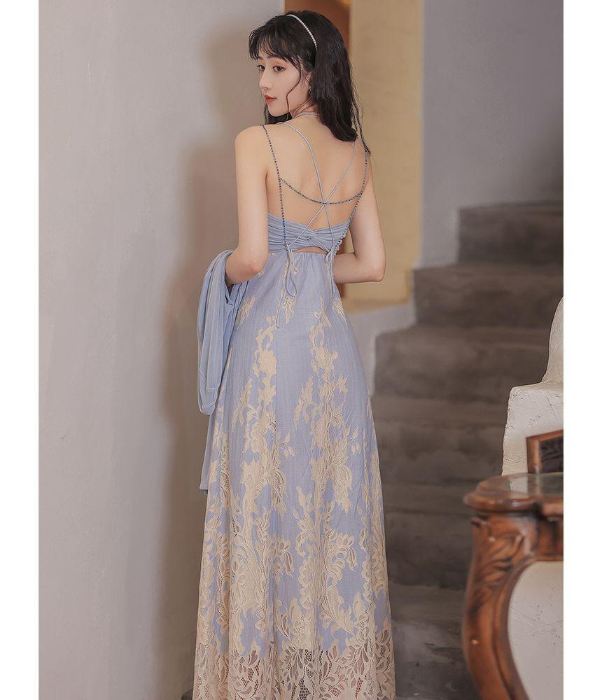 Spaghetti Strap Floral Lace Midi A-Line Dress / Plain Crop Light Jacket / Set Product Image