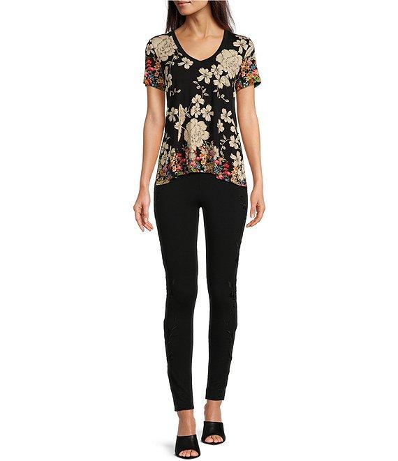 JOHNNY WAS Redland Favorite Bamboo Stretch Knit Floral Print V-Neck Short Sleeve Tee Shirt Product Image