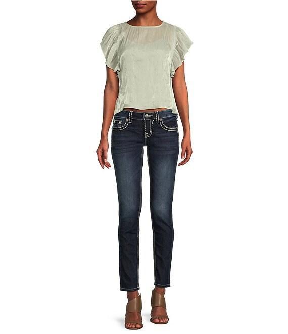 Miss Me Loose Saddle Border Stitch Flap Pocket Low Rise Skinny Jeans Product Image