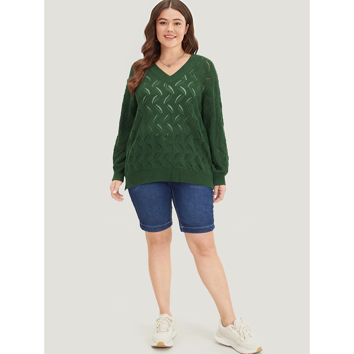 Plus Size Plain Hollow Out V Neck Pullover DarkGreen Women Casual Loose Long Sleeve V-neck Everyday Pullovers BloomChic 30/6X Product Image
