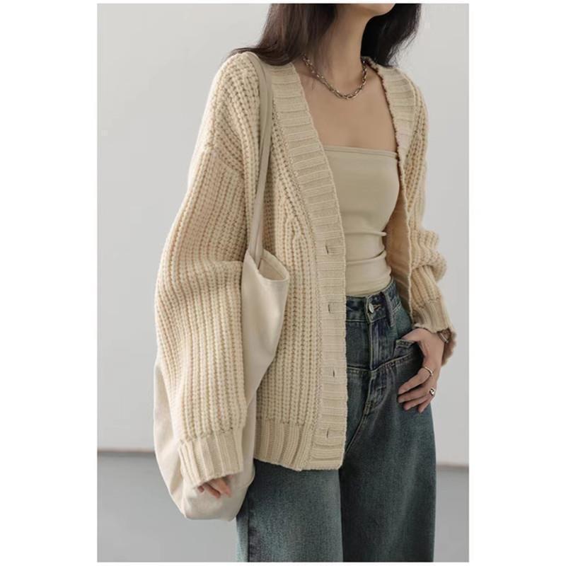 V-Neck Plain Button-Up Cardigan Product Image