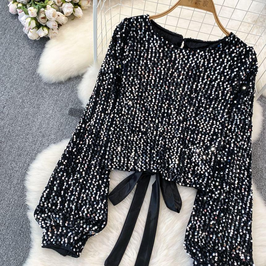 Puff-Sleeve Sequin Bow Back Blouse Product Image