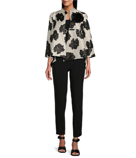 IC Collection Black Rosette Printed High Round Neck Bracelet Length Sleeve Asymmetric Hem One-Button Jacquard Jacket Product Image