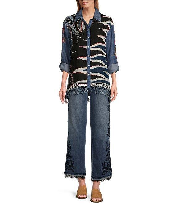 John Mark Embroidered Scarf Jacquard Point Collar Long Roll-Tab Sleeve Button Front Blouse Product Image