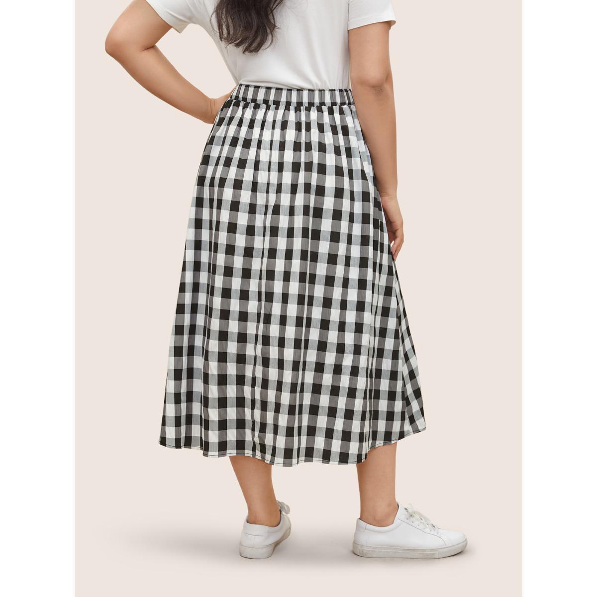 Plus Size Gingham Button Detail Elastic Waist Pocket Skirt Women Black Casual Non No stretch Slanted pocket Everyday Skirts BloomChic 22-24/3X Product Image