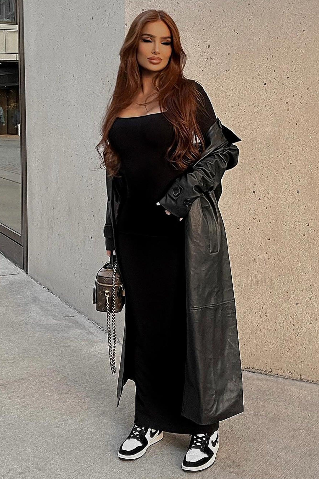 Gimme A Clue Faux Leather Trench Coat - Black Product Image