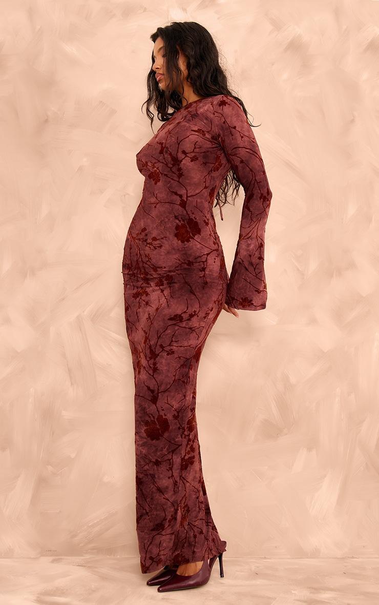 Burgundy Floral Devore Long Sleeve Maxi Dress Product Image