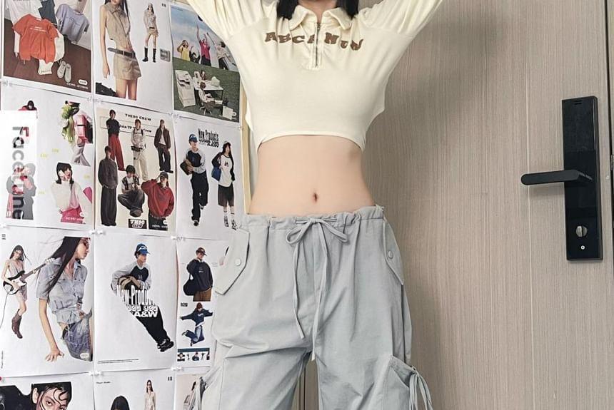 Drawstring Mid Rise Plain Baggy Cargo Pants Product Image