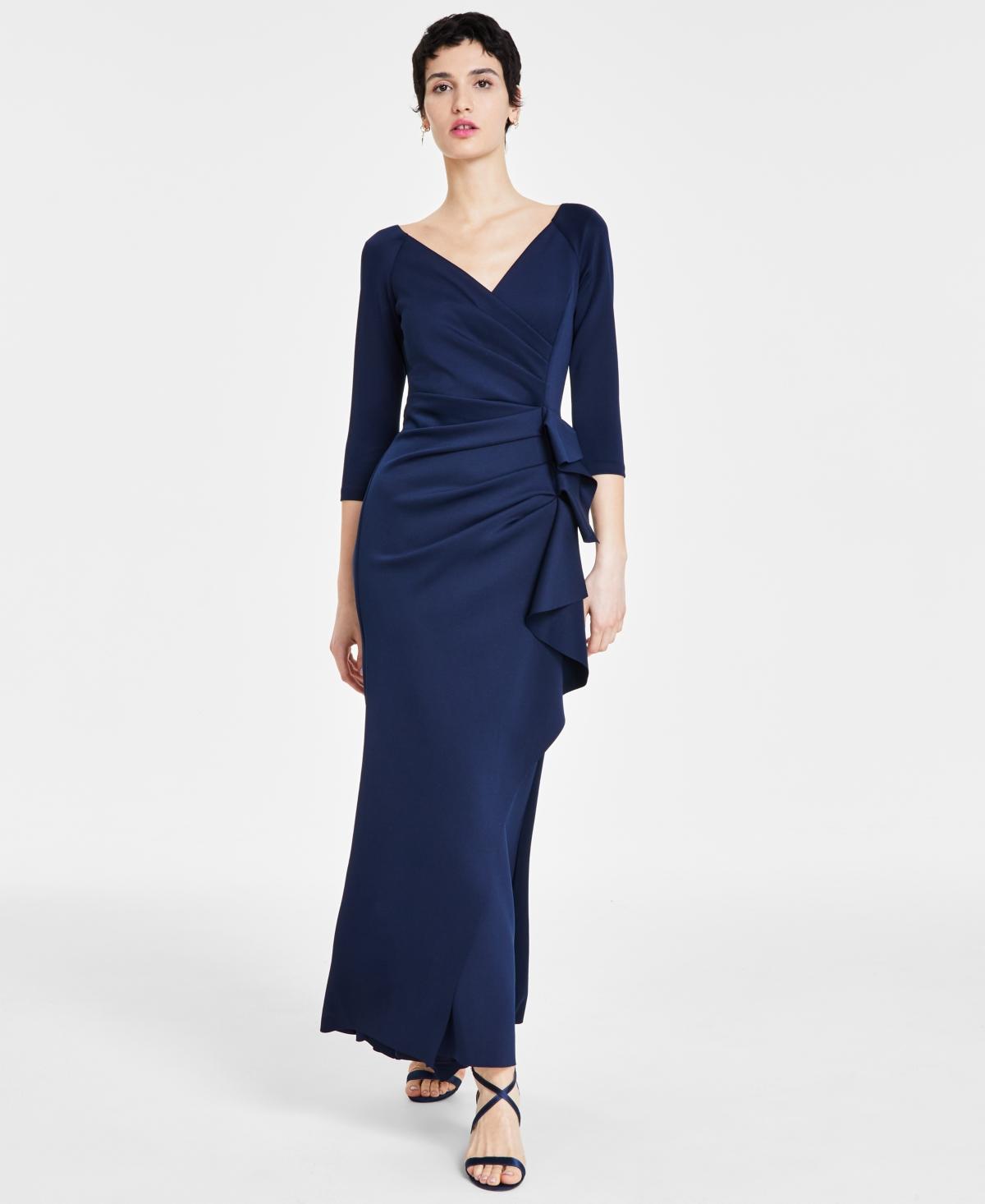 Xscape Stretch V-Neck 34 Sleeve Pleated Draped Gown Product Image